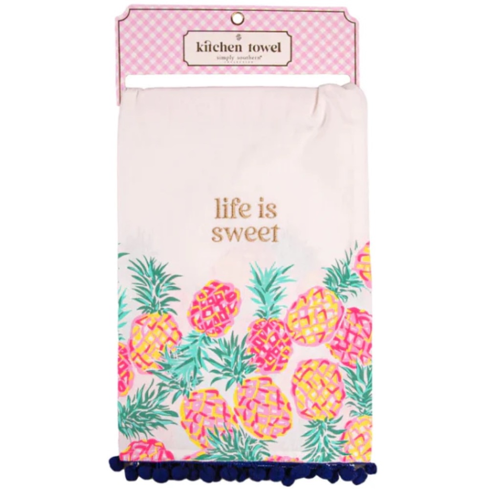 NWT Simply Southern Sweet Pineapple Embroidered Kitchen Tea Towel Pink Yellow